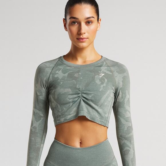 Gymshark Women’s Camo Ruched Long Sleeve Crop Top w/ Thumbholes Size Large - Picture 1 of 10